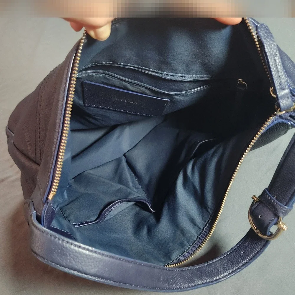 Cole Haan Navy Blue Pebbled Leather Shoulder Bag Purse with Gold-toned Hardware